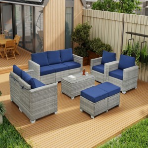 10-Piece PE Rattan Patio Seating Set,Patio Conversation Set With Cushions And Tempered Glass Top Table,Patio Sectional Sofa -Maison Boucle - 1 of 4