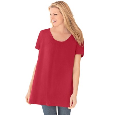 Woman Within Women's Plus Size Perfect Short-Sleeve Shirred U-Neck Tunic