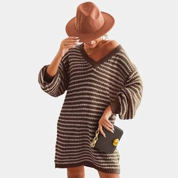 Women's Striped Long Sleeve V Neck Sweater Dress - Cupshe
