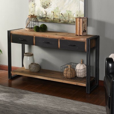 Calvin Transitional Two-Tone Gray and Natural Wood Console Table with Black Iron Frame