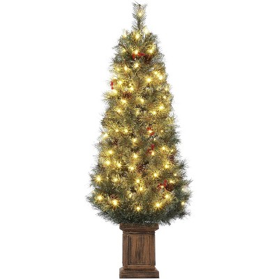 4 FT Christmas Tree Prelit, Small Christmas Tree with 108 Warm LED Lights 4ft, 4 Foot Christmas Tree Pre-lit with Red Berries and Pine Cones