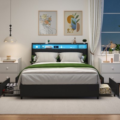 YONWAY Full Bed Frame With 4 Storage Shelf, Frame Built-In Socket And Charger Noise-Free, Ergonomic Headboard, No Box Spring Needed