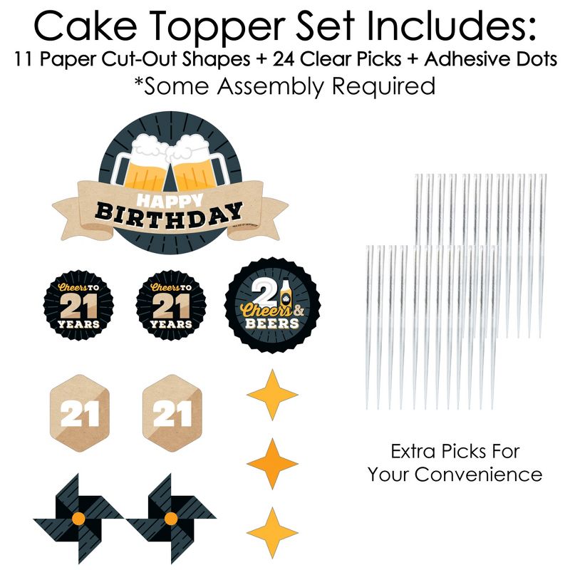 Big Dot of Happiness Cheers and Beers to 21 Years - Birthday Party Cake Decorating Kit - Happy Birthday Cake Topper Set - 11 Pieces, 3 of 7