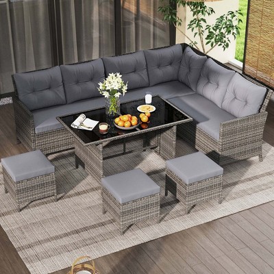 Costway 7 PCS Patio Dining Furniture Set PE Rattan Sectional Sofa Set with Soft Cushions White/Black/Blue/Gray