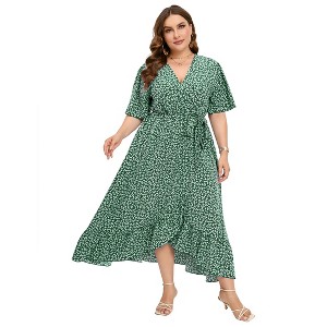 Plus Size dress Women's Plus Size Floral Summer Dress Casual Wrap V Neck A Line Ruffle Belted Dress - 1 of 4