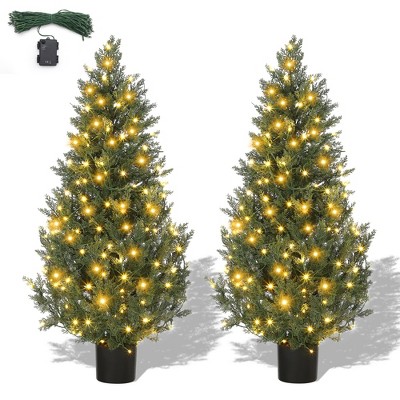 Artificial Topiary Trees Set of 2,UV Resistant Faux Cedar Porch Tree w/Decorative Grass,Potted Fake Evergreen Cypress Plants for Indoor Outdoor