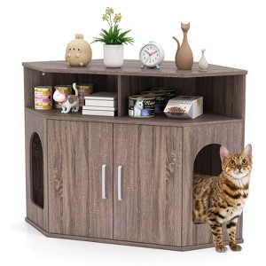 Tangkula 3-Tier Modern Corner Cat Litter Box Enclosure w/ Storage Shelves Double Doors - 1 of 4