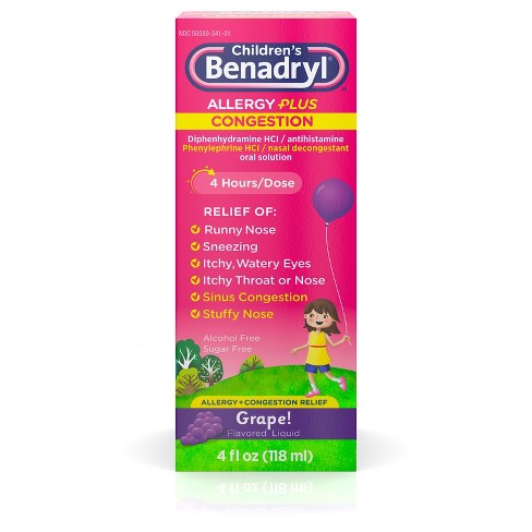 Children's Benadryl Allergy Plus Congestion Grape Liquid - 4oz : Target