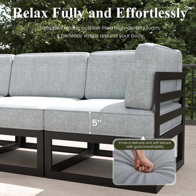 Close-up of cushion and armrest with measurement 5 inches
