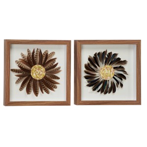 (Set of 2) 15" x 15" Eclectic Style Feather Shadow Box Wall Decor in Square Wood Frames Brown and Black - Olivia & May - 1 of 3