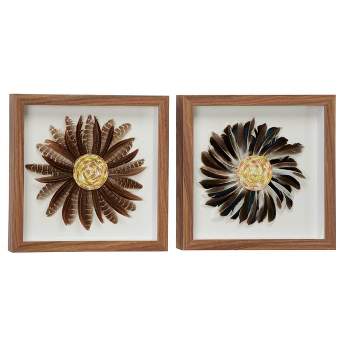 (Set of 2) 15" x 15" Eclectic Style Feather Shadow Box Wall Decor in Square Wood Frames Brown and Black - Olivia & May