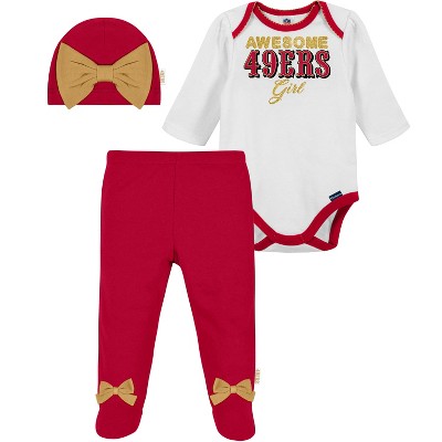 NFL San Francisco 49ers Baby Girls Bodysuit, Pant and Cap Outfit