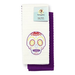 Sloppy Chef Lucky Embroidered Kitchen Towel (2-Piece Set), 16x26, 100% Cotton, Sugar Skull Design - 1 of 4