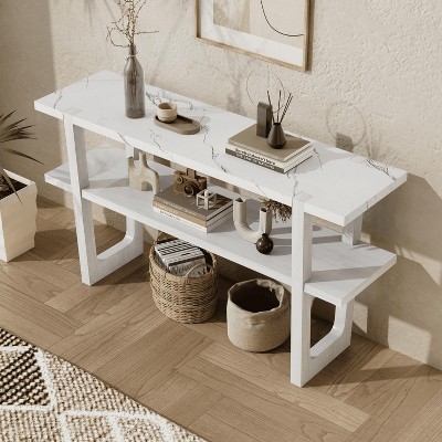 MAYEERTY Console Table with Marble Effect Top Open Shelf For Hallway Living Room Antique White