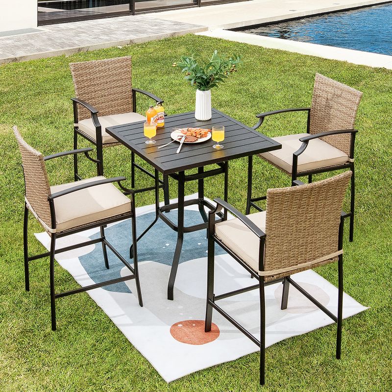 Costway 5PCS Outdoor Bistro Set Rattan Bar Stool Table Set with Cushions Steel Frame, 2 of 10