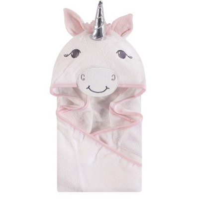 Hudson Baby Infant Girl Cotton Animal Face Hooded Towel, White Unicorn, One Size