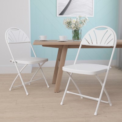 White Plastic Fan Back Folding Chairs with Steel Frame, 2-Pack