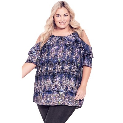 Avenue Women's Plus Size Frill Cold Shoulder Top