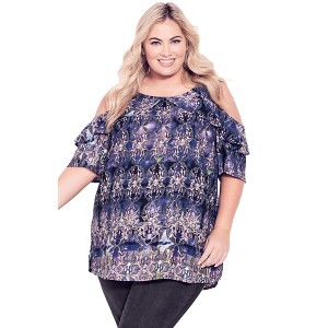 Avenue Women's Plus Size Frill Cold Shoulder Top - 1 of 4