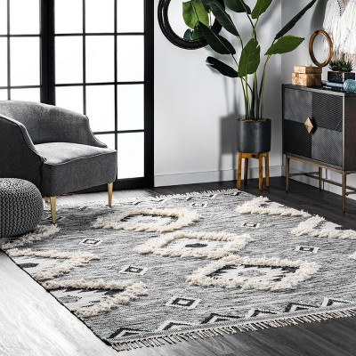 Savannah Gray and Black Wool Square Area Rug with Tassels