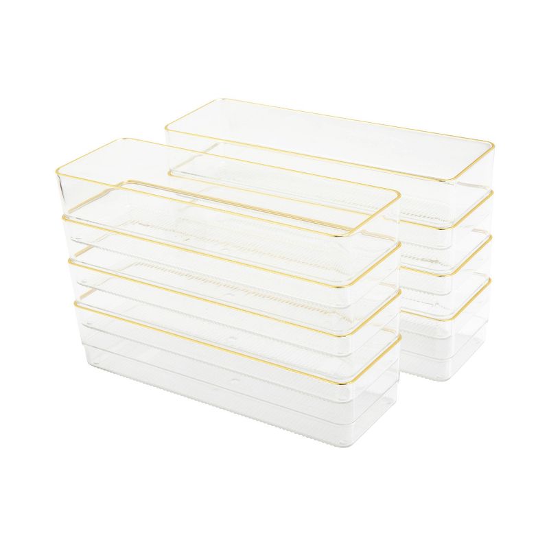 Martha Stewart 9&#34; x 3&#34; 8pc Plastic Stackable Office Desk Drawer Organizers with Gold Trim Clear, 6 of 11