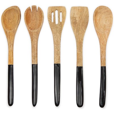 Juvale 5 Piece Set Mango Wooden Cooking Kitchen Utensils Set with Black Handles, 12 in