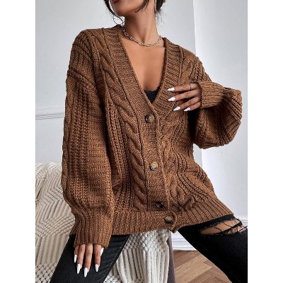 Womens Lantern Long Sleeve Twist Sweater Cardigan Jacket Fall Casual Button V Neck Retro Style Fashion Loose Shirt Top