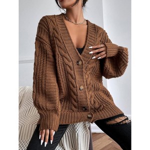 Womens Lantern Long Sleeve Twist Sweater Cardigan Jacket Fall Casual Button V Neck Retro Style Fashion Loose Shirt Top - 1 of 4