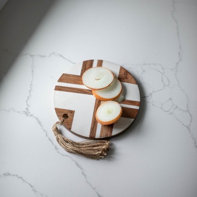 Round White Wood and Resin Cutting Board with Jute Tassel