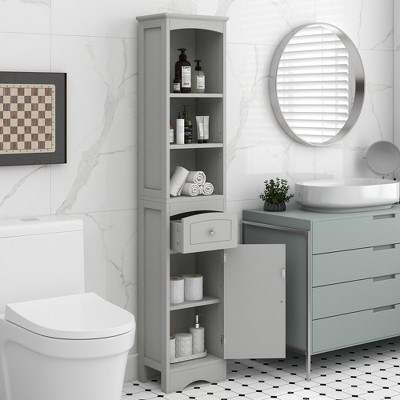 TOBILI Tall Bathroom Cabinet, Freestanding Storage Cabinet with Drawer, MDF Board, Adjustable Shelf, Grey