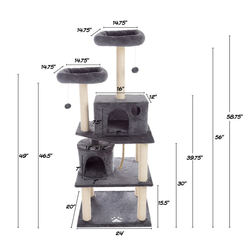 5-Tier Ultimate Cat Tree - 8 Cat Scratching Posts, 2 Padded Perches, 2 Kitty Huts, and 3 Hanging Toys for Multiple Cats by PETMAKER (Dark Gray), 2 of 8