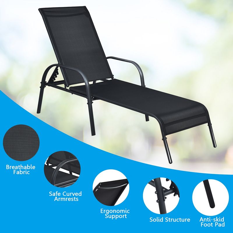 Costway Set of 2 Patio Lounge Chairs Sling Chaise Lounge Recliner Adjustable Back, 4 of 11