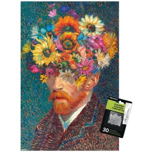 Trends International Reinders: Master Twist - Van Gogh Self Portrait Flowers Unframed Wall Poster Print Clear Push Pins Bundle 14.725" x 22.375" - 1 of 4