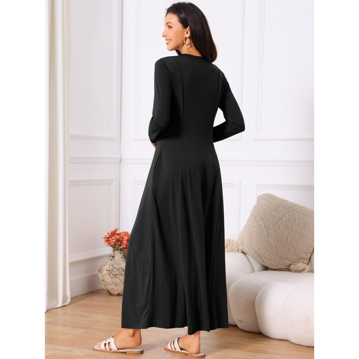 Женские платья INSPIRE CHIC Women's Fall Long Button Down Long Sleeve Flowy A-Line Maxi Dress with Pockets Black Small 2 Packs Black/Deep Blue X-Large — фото 4