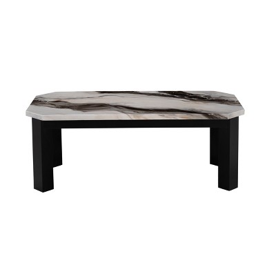 Vynxaria Contemporary Coffee Table: Faux Panda Marble Finish with Black Wooden Legs