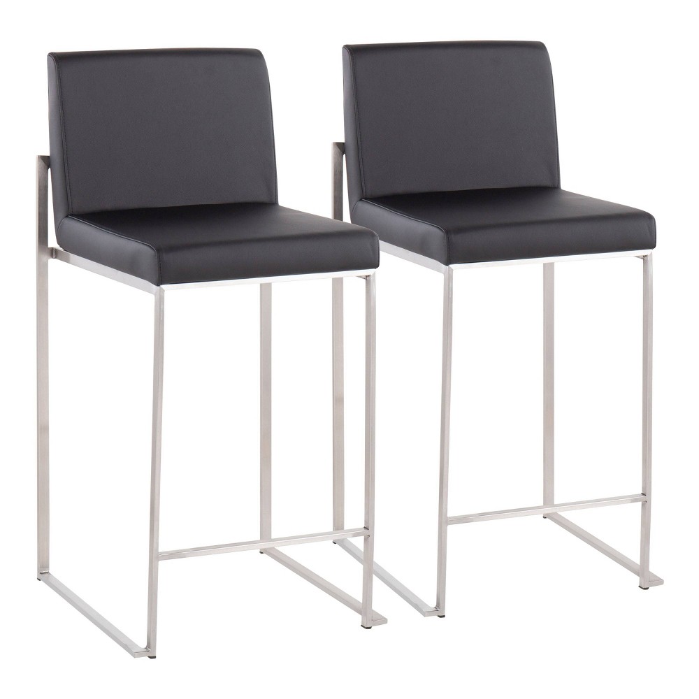 Set of 2 Fuji High Back Stainless Steel/Faux Leather Counter Height Barstools Black - LumiSource: Padded, Armless, 250lbs Capacity