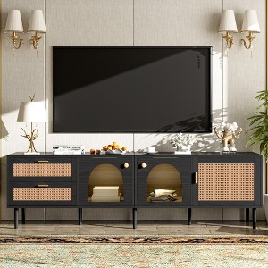 HDZNVF Rattan TV Stand with 3 Cabinets and 2 Drawers, Rattan inspired Media Console Table for TVs up to 80 inch - 1 of 4
