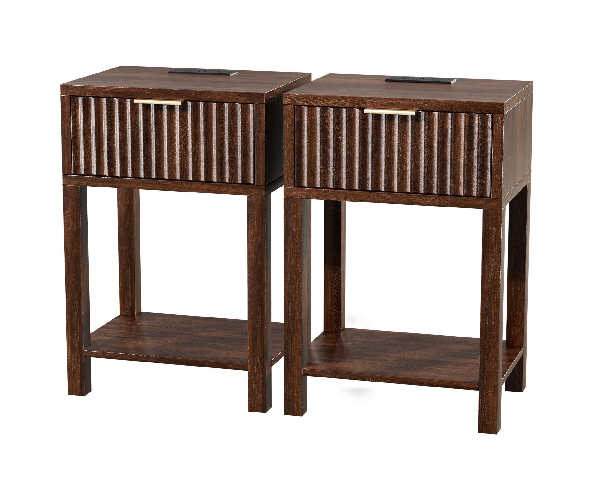 Karl Home 16 Inch Nightstand with Charging Station, 1 Drawer and Open Shelf, Grid Design, Oak Finish, Set of 2