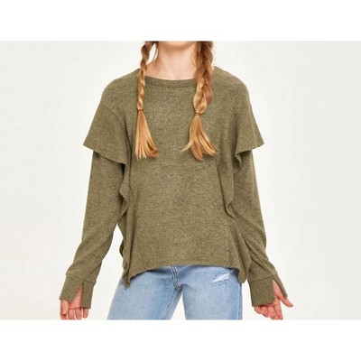 Girl RUFFLED SLIT CUFFS KNIT SWEATER - Good Girl