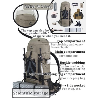 Naturehike 70+5L Hiking Backpack with Rain cover, Waterproof Lightweight Camping Backpack for Men & Women, Travel(Black) — фото 4