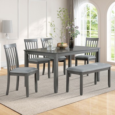 Grungis 6 Piece Rectangular Dining Table Set,Wooden Dining Table for 4 Upholstered Chairs and Bench with X-shaped Back,Dining Set for Kitchen