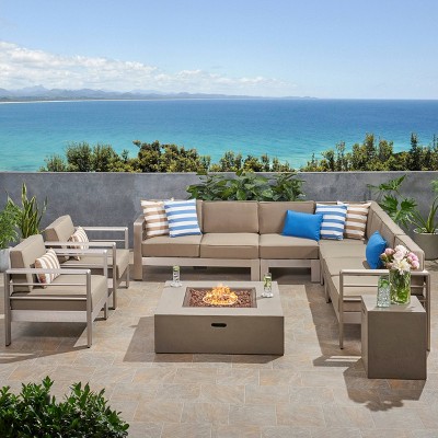 Cape Coral 9pc Aluminum LShaped Sofa Sectional and Fire Pit Set  Khaki/Light Gray - Christopher Knight Home