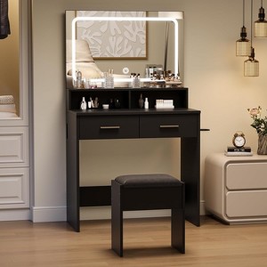 Vanity Set with Mirror, Stool & Lights, Small Makeup Vanity Table with Charging Station - 1 of 4