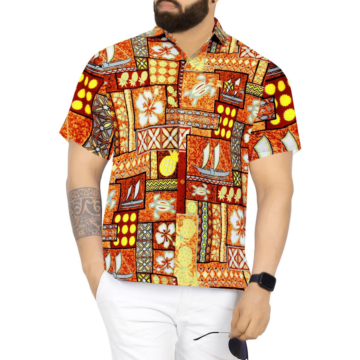 LA LEELA Men's Hawaiian Shirt Holiday 3X-Large Geometric Autumn Brown