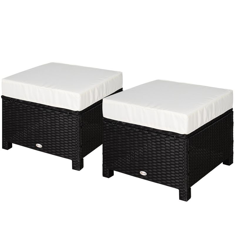 Outsunny 2 Pc 20" Outdoor PE Rattan Wicker Ottoman, Fade-Resistant Patio Footrest with Soft Cushion, Steel Frame, Black, White, 4 of 7