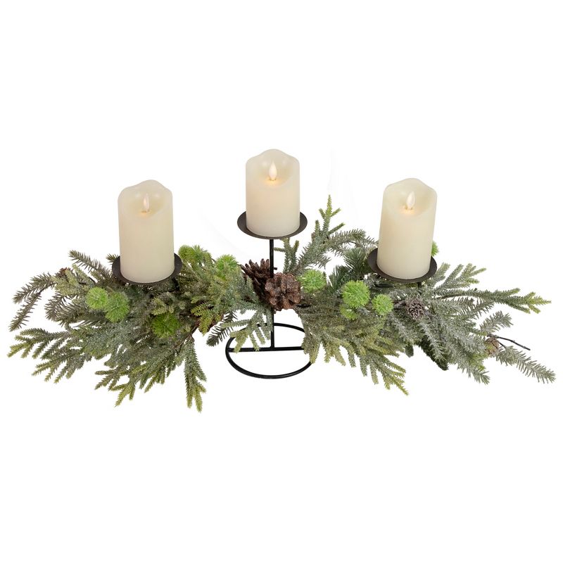 Northlight 26" Triple Candle Holder with Frosted Foliage and Pine Cones Christmas Decor, 2 of 6
