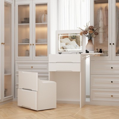 FUFU&GAGA Space-Savvy White Vanity Ensemble: Foldable to Cabinet Equipped with Adjustable Light