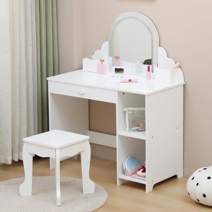 Kids Vanity Desk with Mirror, Princess Makeup Table with Stool & Storage Drawer, Toddler Wood Dressing Table with Open Shelves for Little Girls - 1 of 4
