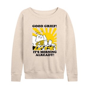 Women's - Peanuts - Its Morning Already Lightweight French Terry Wide Neck Long Sleeve Shirt - 1 of 4
