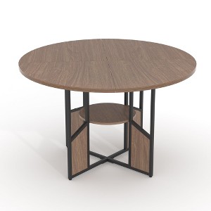 59-inch round wooden dining table for 4-6 people, featuring a base and adjustable legs. Space-saving, farmhouse style, suitable for the living room - 1 of 4